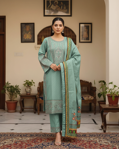 Designer Three Piece | Embroidered - Hoorain | Khaddar Cotton