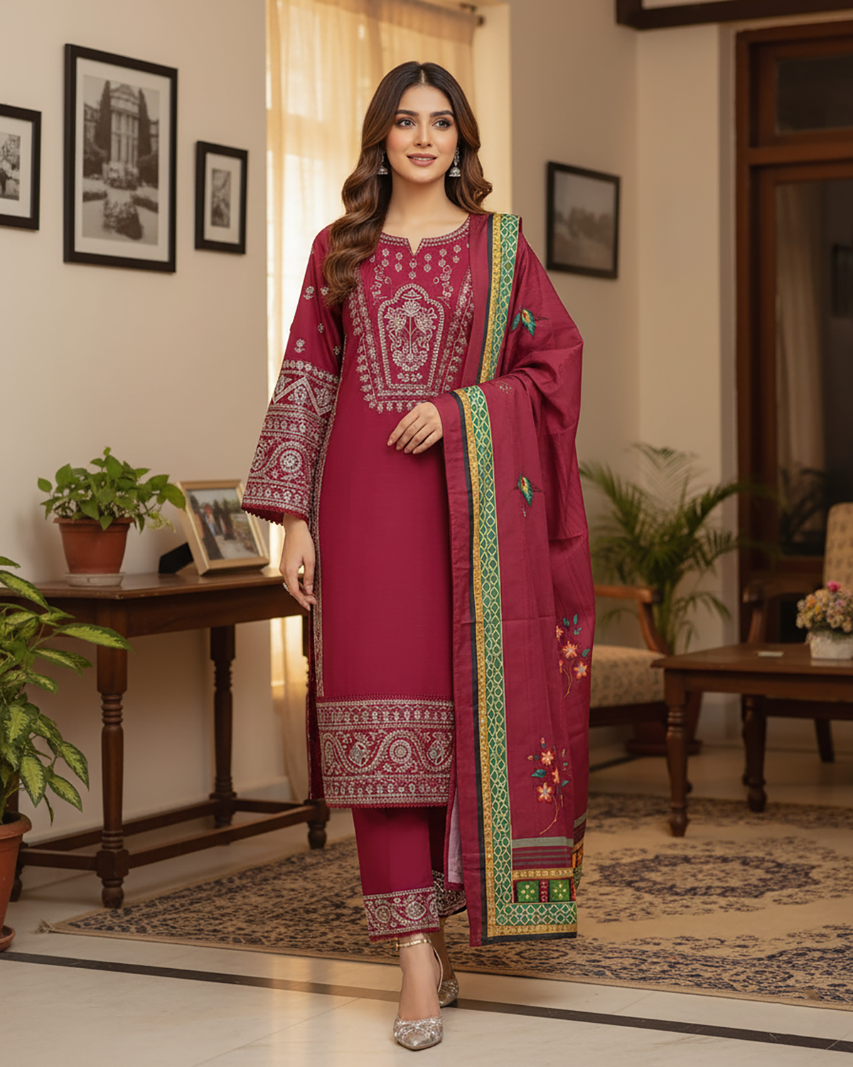 Designer Three Piece | Embroidered - Hoorain | Khaddar Cotton
