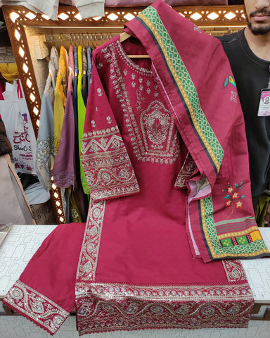 Designer Three Piece | Embroidered - Hoorain | Khaddar Cotton