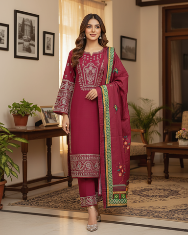 Designer Three Piece | Embroidered - Hoorain | Khaddar Cotton