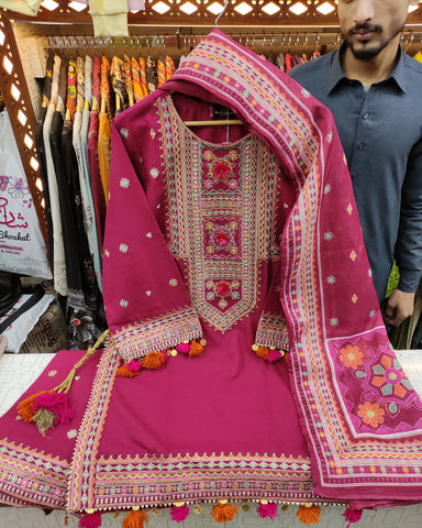 Designer Three Piece | Embroidered - Badshah Begum | Premium Khaddar