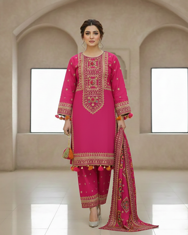 Designer Three Piece | Embroidered - Badshah Begum | Premium Khaddar