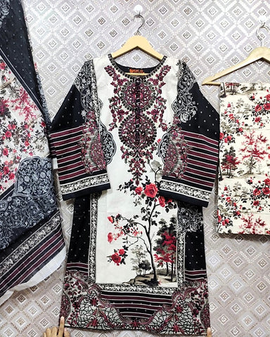 Designer Printed Three Piece | Embroidered - Nadia | Corduroy Khaddar