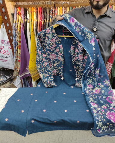 Designer Three Piece | Embroidered - Husnara | Premium Winter Dobby Cotton