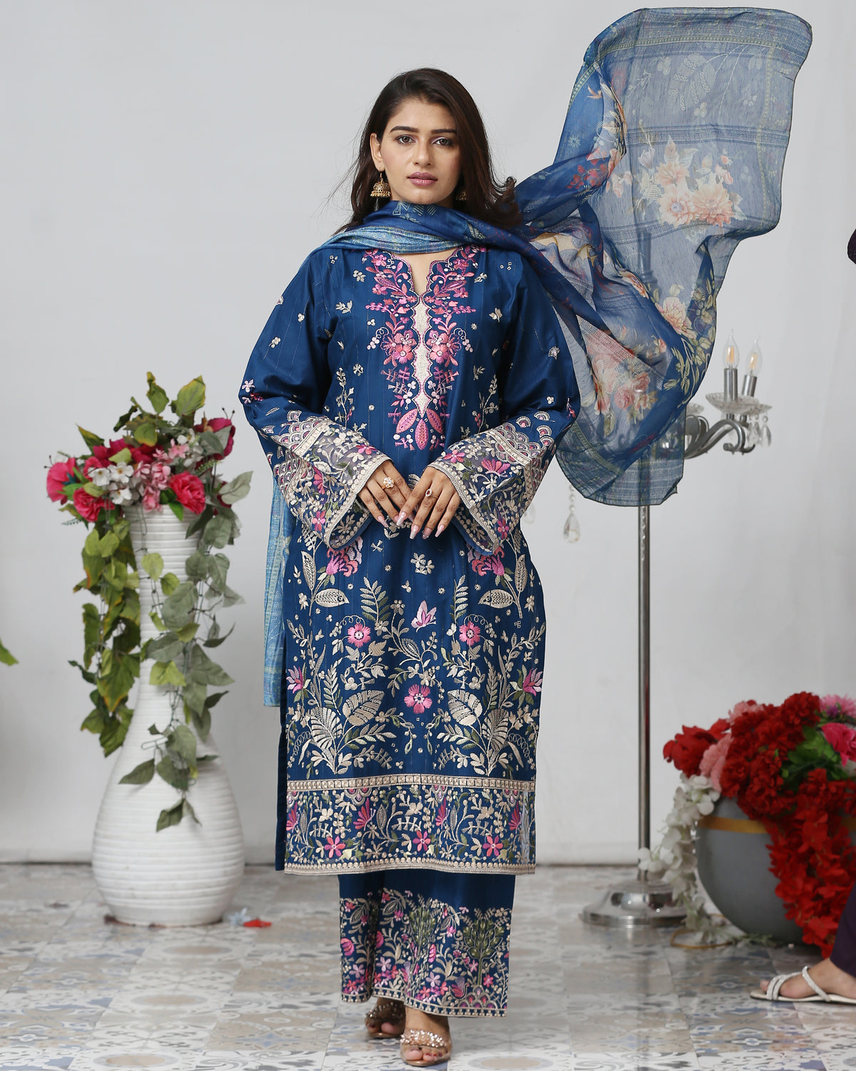 Designer Embroidered Three Piece | Embroidered Flapper | Winter Cotton