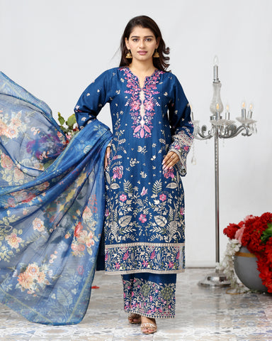 Designer Embroidered Three Piece | Embroidered Flapper | Winter Cotton