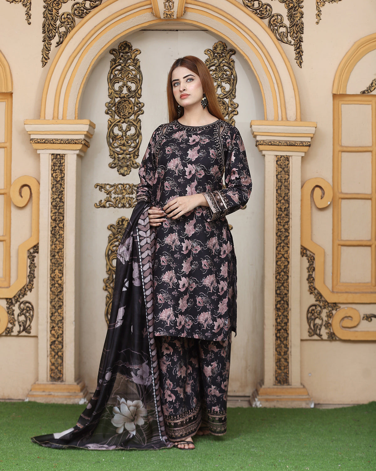 Designer Three Piece | Ethnic Styled Neck | Organza Flappers | Khaddar