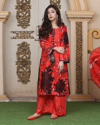 Three Piece | Organza Embellished | Digital Printed | Soft Khaddar