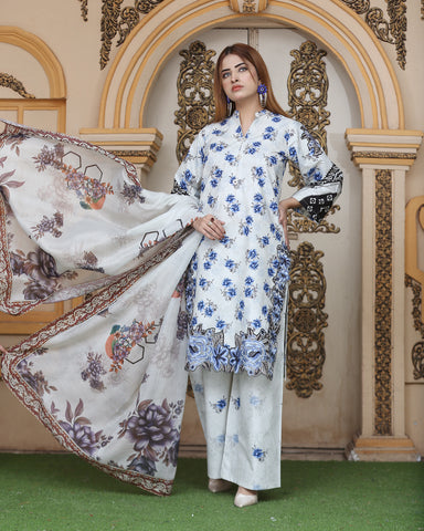 Three Piece | Organza Embellished | Digital Printed | Soft Khaddar