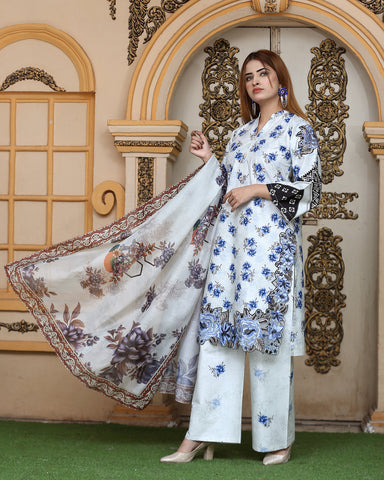 Three Piece | Organza Embellished | Digital Printed | Soft Khaddar