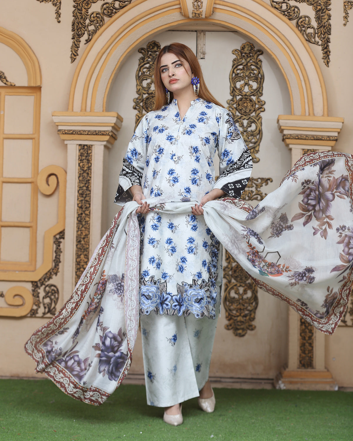 Three Piece | Organza Embellished | Digital Printed | Soft Khaddar