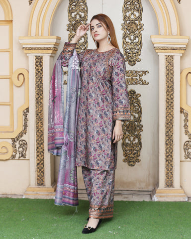 Designer Three Piece | Ethnic Styled Neck | Organza Flappers | Khaddar