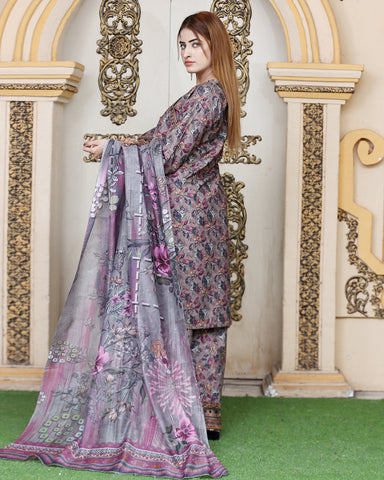 Designer Three Piece | Ethnic Styled Neck | Organza Flappers | Khaddar