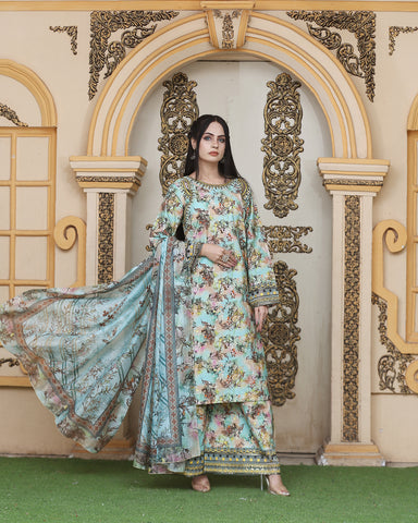 Designer Three Piece | Ethnic Styled Neck | Organza Flappers | Khaddar