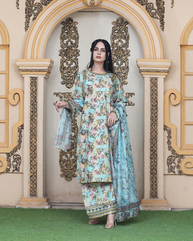 Designer Three Piece | Ethnic Styled Neck | Organza Flappers | Khaddar