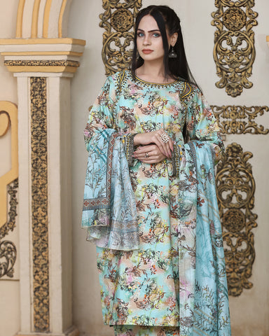 Designer Three Piece | Ethnic Styled Neck | Organza Flappers | Khaddar