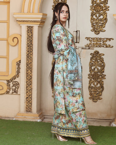 Designer Three Piece | Ethnic Styled Neck | Organza Flappers | Khaddar