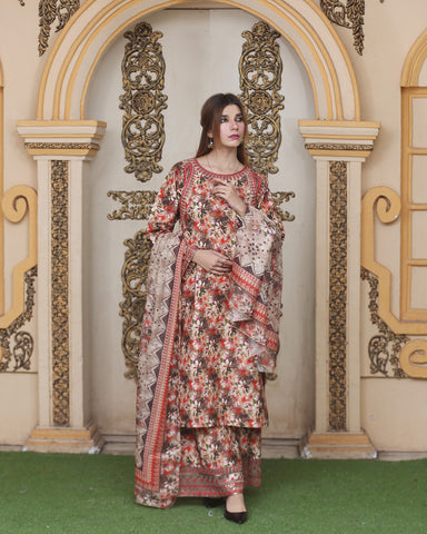 Designer Three Piece | Ethnic Styled Neck | Organza Flappers | Khaddar