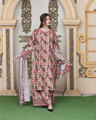 Designer Three Piece | Ethnic Styled Neck | Organza Flappers | Khaddar