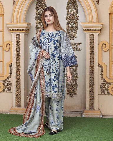 Three Piece | Organza Embellished | Digital Printed | Soft Khaddar