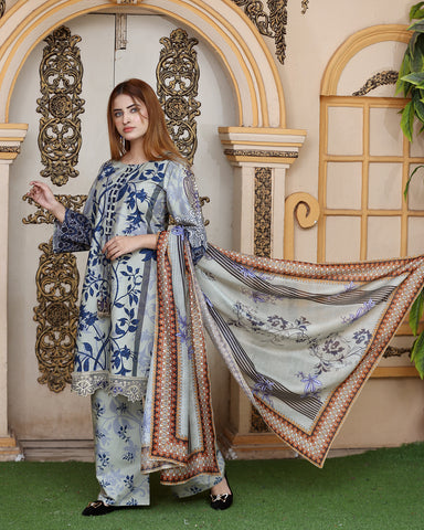 Three Piece | Organza Embellished | Digital Printed | Soft Khaddar