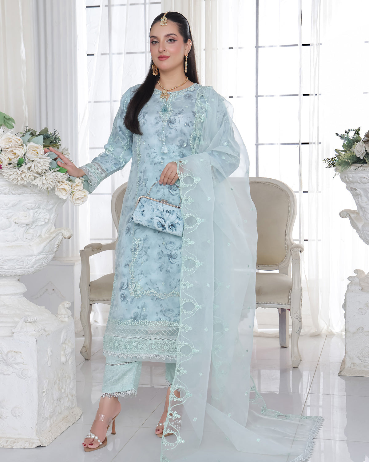 Three Piece Formals | Festive Embroidered - Husna | Premium Organza