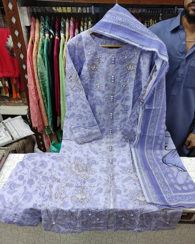Designer Three Piece | Embroidered - Trio Button | Cotton Lawn