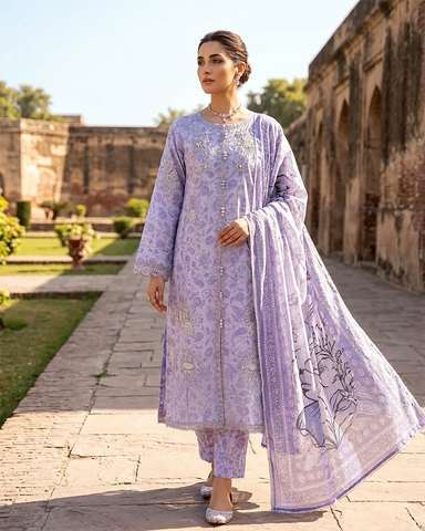 Designer Three Piece | Embroidered - Trio Button | Cotton Lawn
