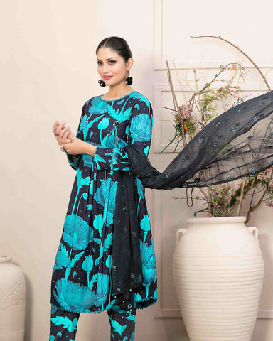 Designer Three Piece | Digital Printed | Embroidered Chiffon Printed Dupatta | Staple