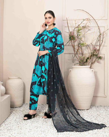 Designer Three Piece | Digital Printed | Embroidered Chiffon Printed Dupatta | Staple