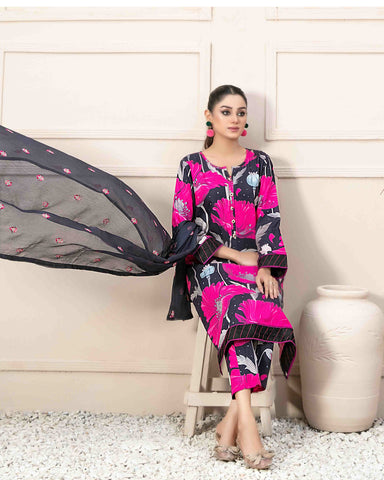 Designer Three Piece | Digital Printed | Embroidered Chiffon Printed Dupatta | Staple