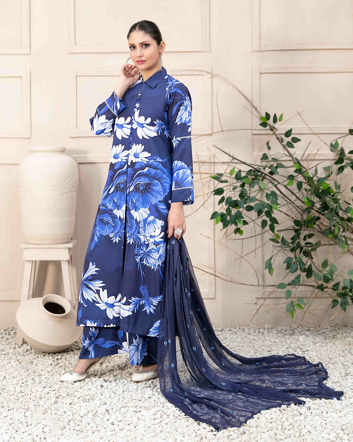 Designer Three Piece | Digital Printed | Embroidered Chiffon Printed Dupatta | Staple