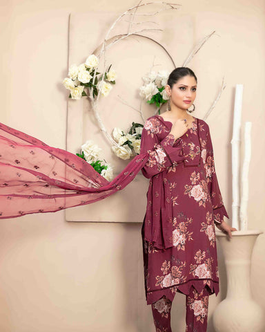 Designer Three Piece | Digital Printed | Embroidered Chiffon Printed Dupatta | Staple