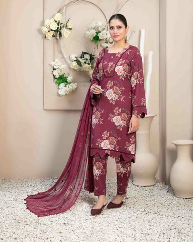 Designer Three Piece | Digital Printed | Embroidered Chiffon Printed Dupatta | Staple