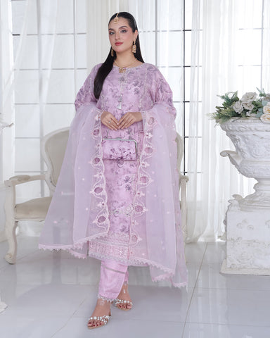 Three Piece Formals | Festive Embroidered - Husna | Premium Organza