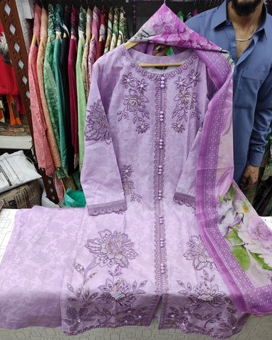 Designer Three Piece | Embroidered - Trio Button | Cotton Lawn