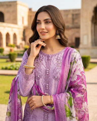 Designer Three Piece | Embroidered - Trio Button | Cotton Lawn