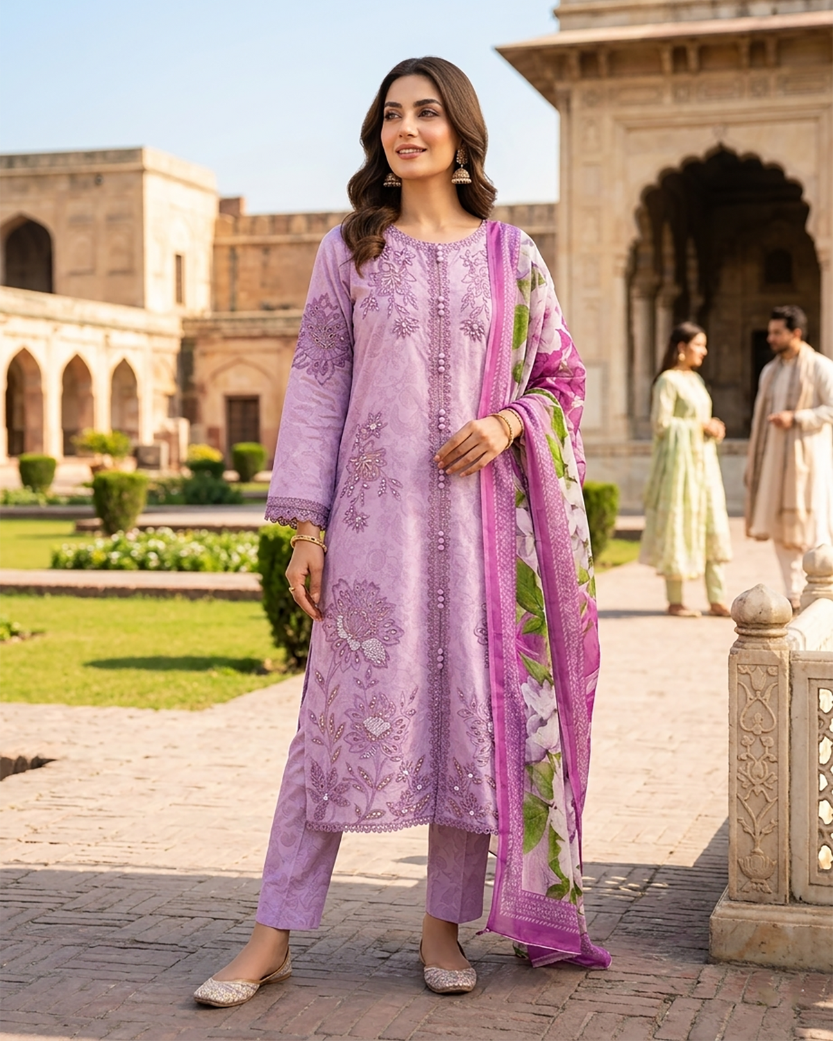 Designer Three Piece | Embroidered - Trio Button | Cotton Lawn