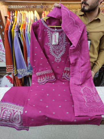 Designer Three Piece | Exquisite Embroidered | Winter Self Cotton