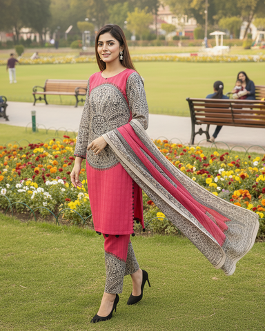 Designer Printed Three Piece | Embroidered - Matka | Corduroy