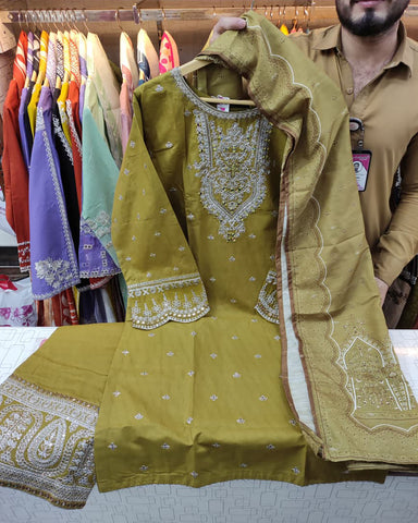 Designer Three Piece | Exquisite Embroidered | Winter Self Cotton