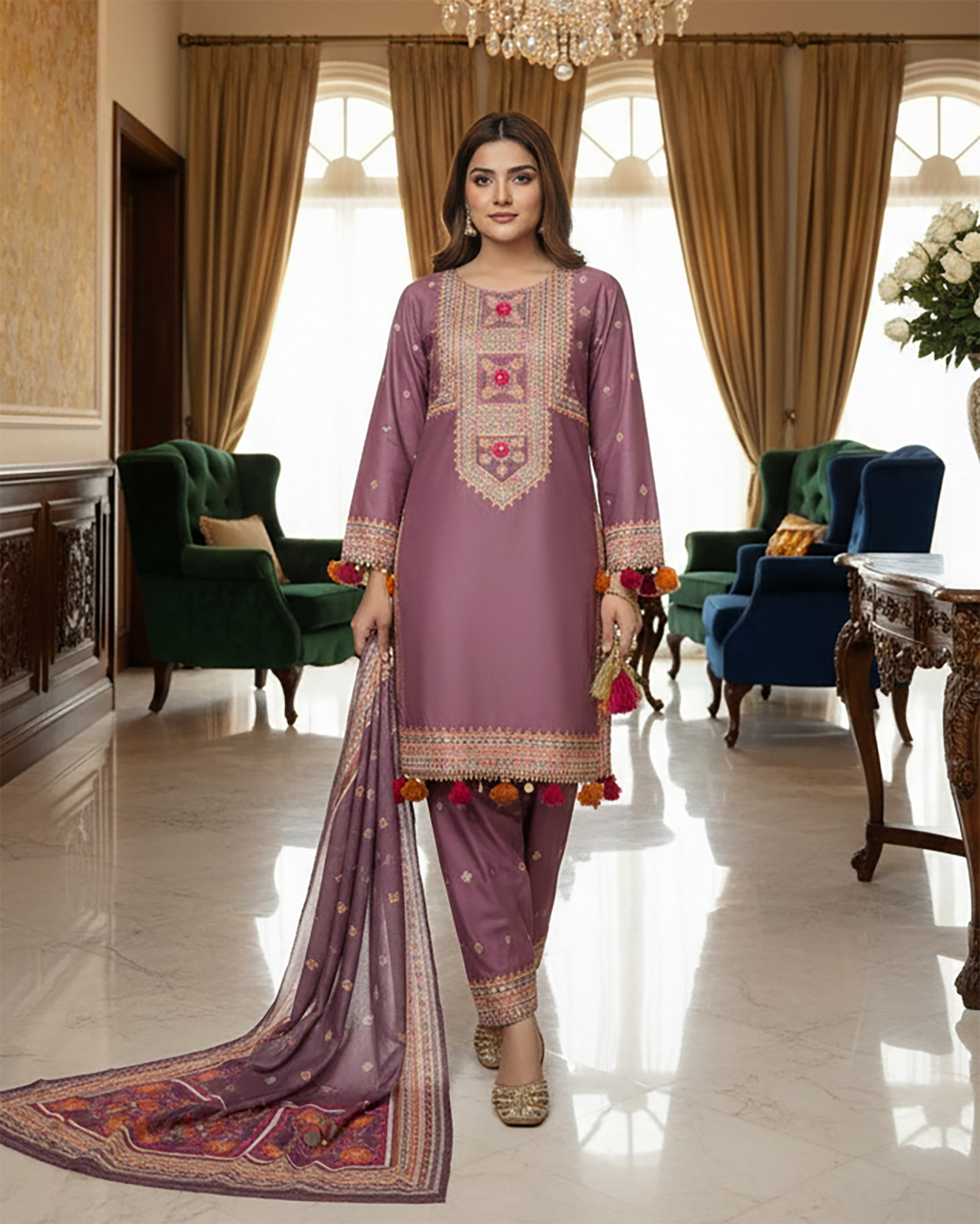 Designer Three Piece | Embroidered - Badshah Begum | Premium Lawn Cotton