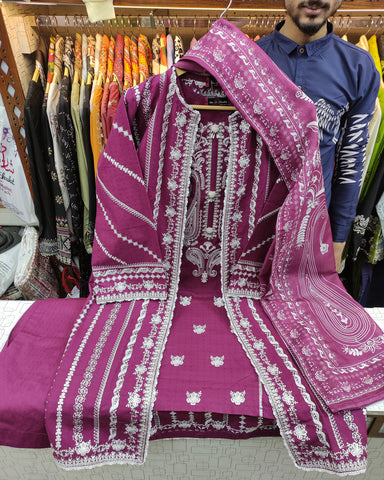 Designer Three Piece | Gown/Inner - Madhubala | Premium Winter Self Cotton