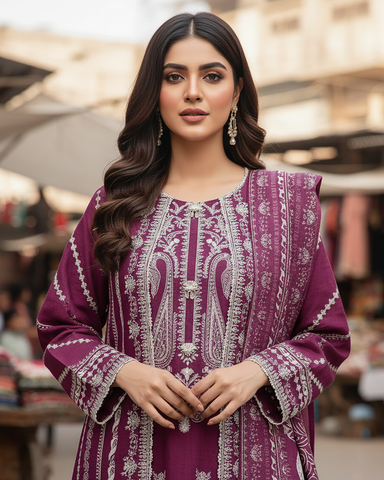 Designer Three Piece | Gown/Inner - Madhubala | Premium Winter Self Cotton