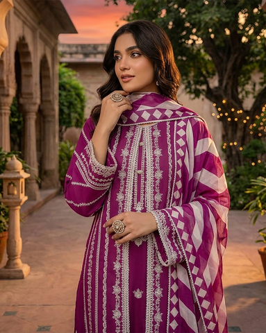 Designer Three Piece | Embroidered - Luxury Madhubala Gown | Premium Bareeze Lawn
