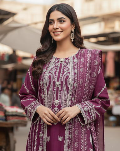 Designer Three Piece | Gown/Inner - Madhubala | Premium Winter Self Cotton