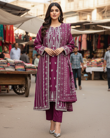 Designer Three Piece | Gown/Inner - Madhubala | Premium Winter Self Cotton