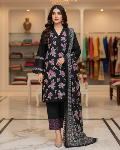 Embroidered Three Piece | Mahrani- Designer | Luxury Winter Cotton