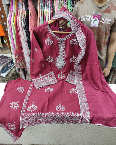Designer Three Piece | Embroidered Handwork - Luxury Sakura | Premium Lawn