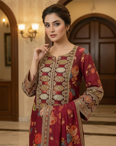 Designer Three Piece | Embroidered - Nimra | Shamoz Silk